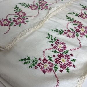 Set of 2 Vintage Cross Stitch Embroidery Pillowcases Pink Floral Standard Size